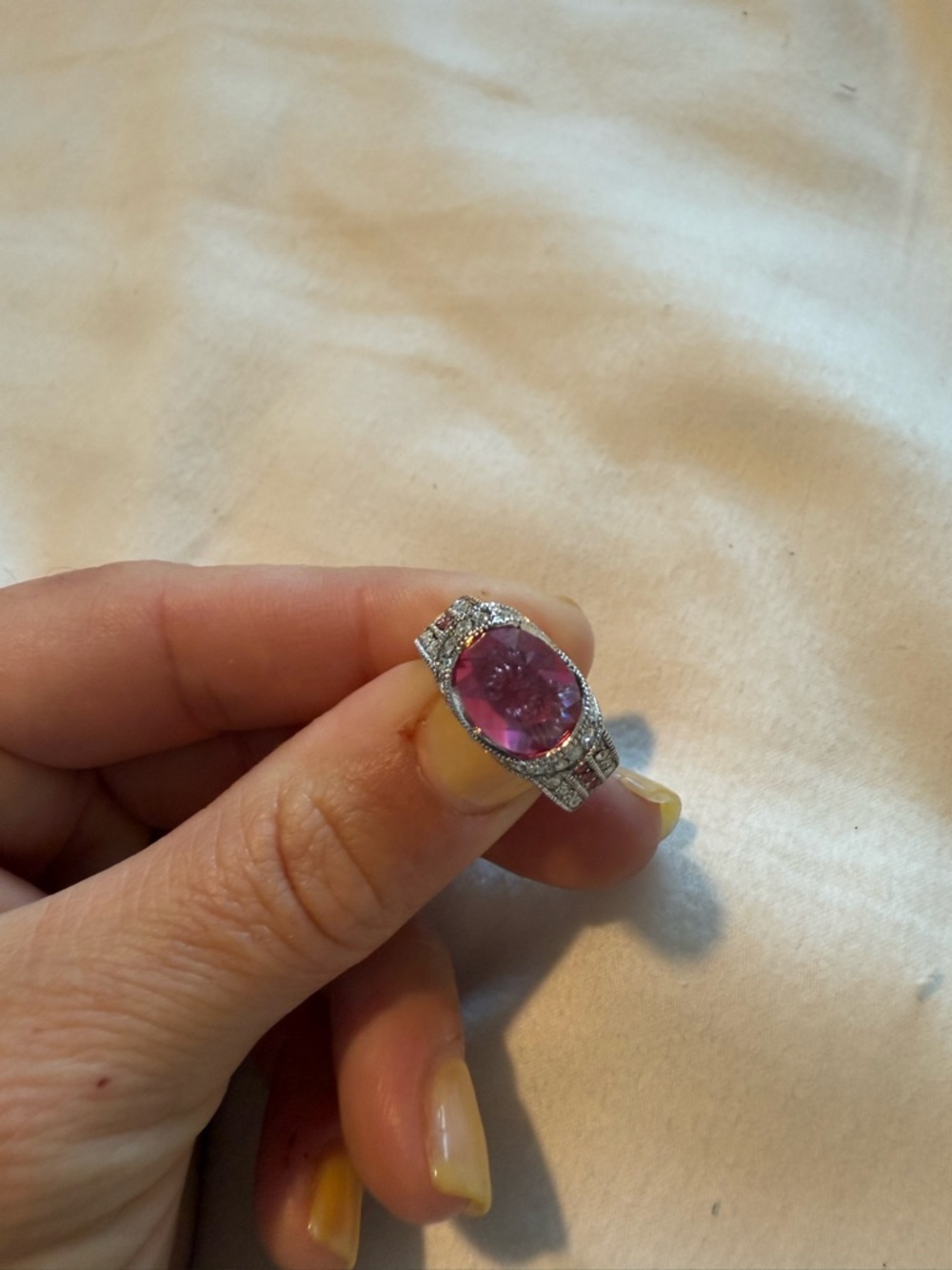 Pink Oval Gemstone Halo Ring in Silver Tone